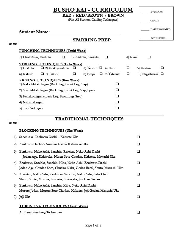 Red Belts, Red & Brown Belts & Brown Belts Requirement Sheet
